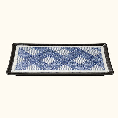Large rectangular plate decoration sushi with traditional seigaiha wave patterns in blue and white porcelain