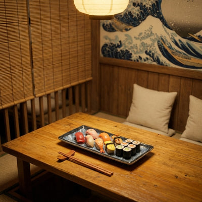 Gourmet plate fancy sushi with assorted nigiri and maki in authentic Japanese restaurant with Hokusai artwork