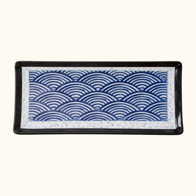 Large rectangular plate sushi fancy with blue wave patterns and glossy black rim borders
