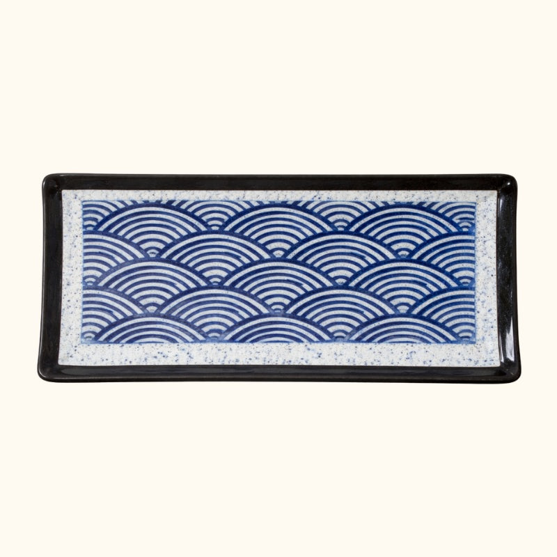 Large rectangular plate sushi fancy with blue wave patterns and glossy black rim borders