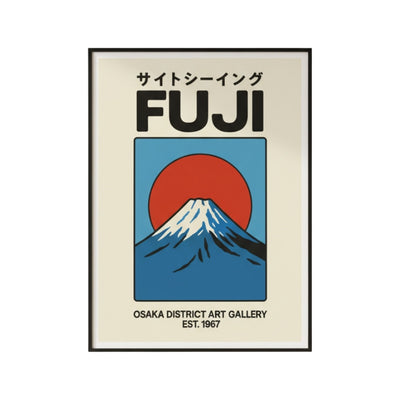Authentic poster japanese retro featuring iconic Mount Fuji with Osaka District Art Gallery text in black frame on clean white background