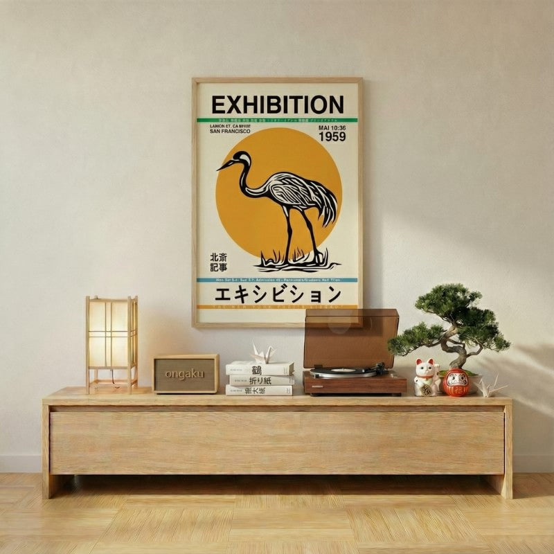 Authentic poster japanese with crane and sun motif displayed above wooden console with vinyl player maneki neko and daruma figurines