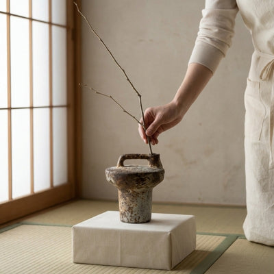 Hand placing branch in rustic pottery vase wabi sabi on fabric pedestal near shoji screen window