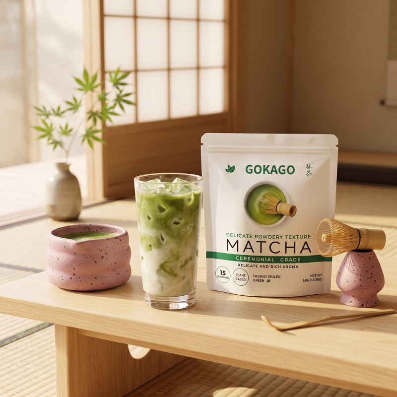 GOKAGO Japanese matcha powder displayed alongside an iced matcha latte, ceramic tea bowl and bamboo whisk in a Japanese-inspired setting.