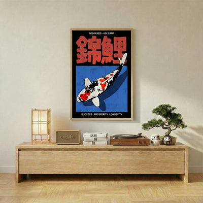 Print koi carp Nishikigoi framed poster above wooden sideboard with bonsai Japanese lamp and vinyl record player