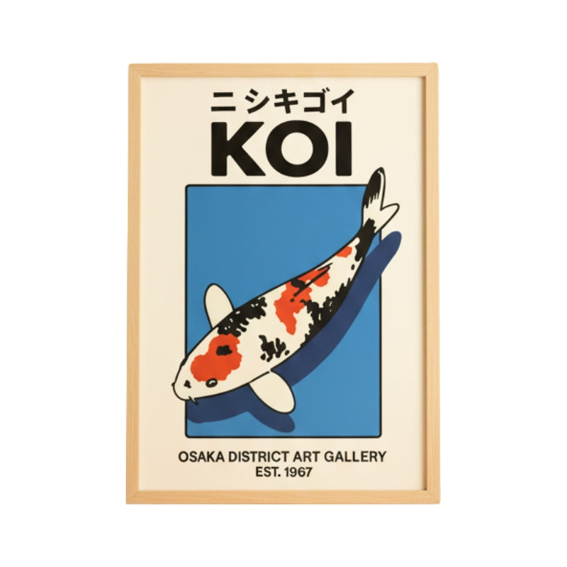 Contemporary printing fish japanese poster with bold koi carp illustration in natural wood frame on clean white background