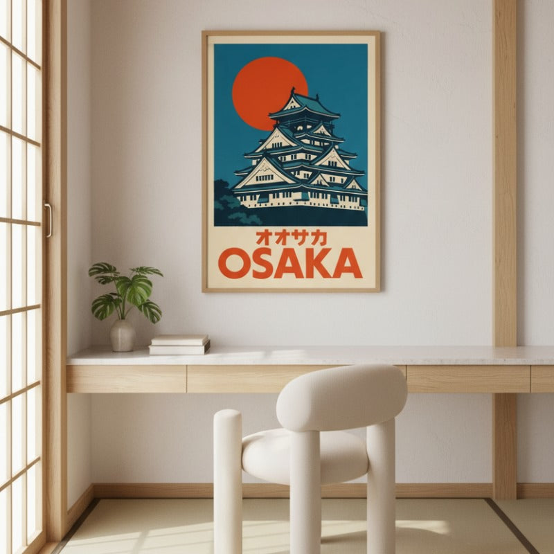 Elegant prints art japanese poster featuring Osaka castle and sunset hanging in serene Japanese interior with white chair wooden desk and natural light