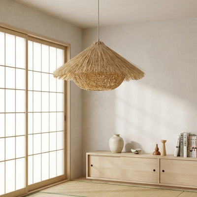 Rattan Japanese pendant light with cone shade hanging in zen interior with shoji screen doors and blonde wood sideboard