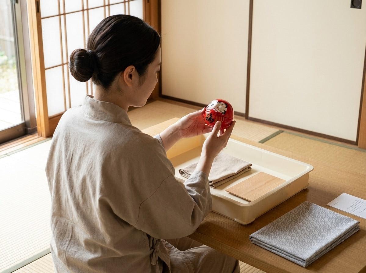Woman in linen apron closely inspecting a red daruma doll art piece with traditional painted face and kanji in a bright Japanese tatami room near shoji screen