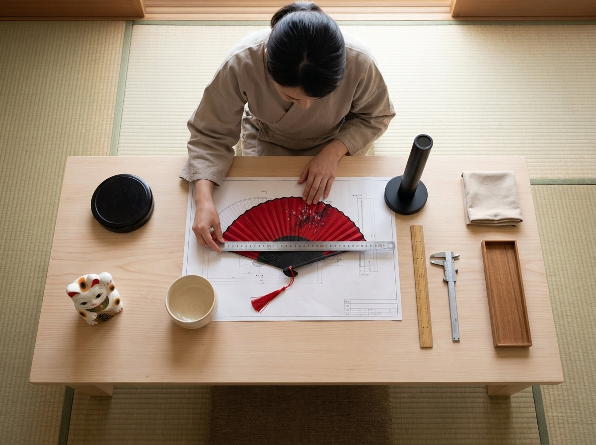 Overhead workshop shot positioning a red Japanese dance fan with black ribs and tassel on a scale blueprint, ruler, calipers and maneki neko figurine on the table