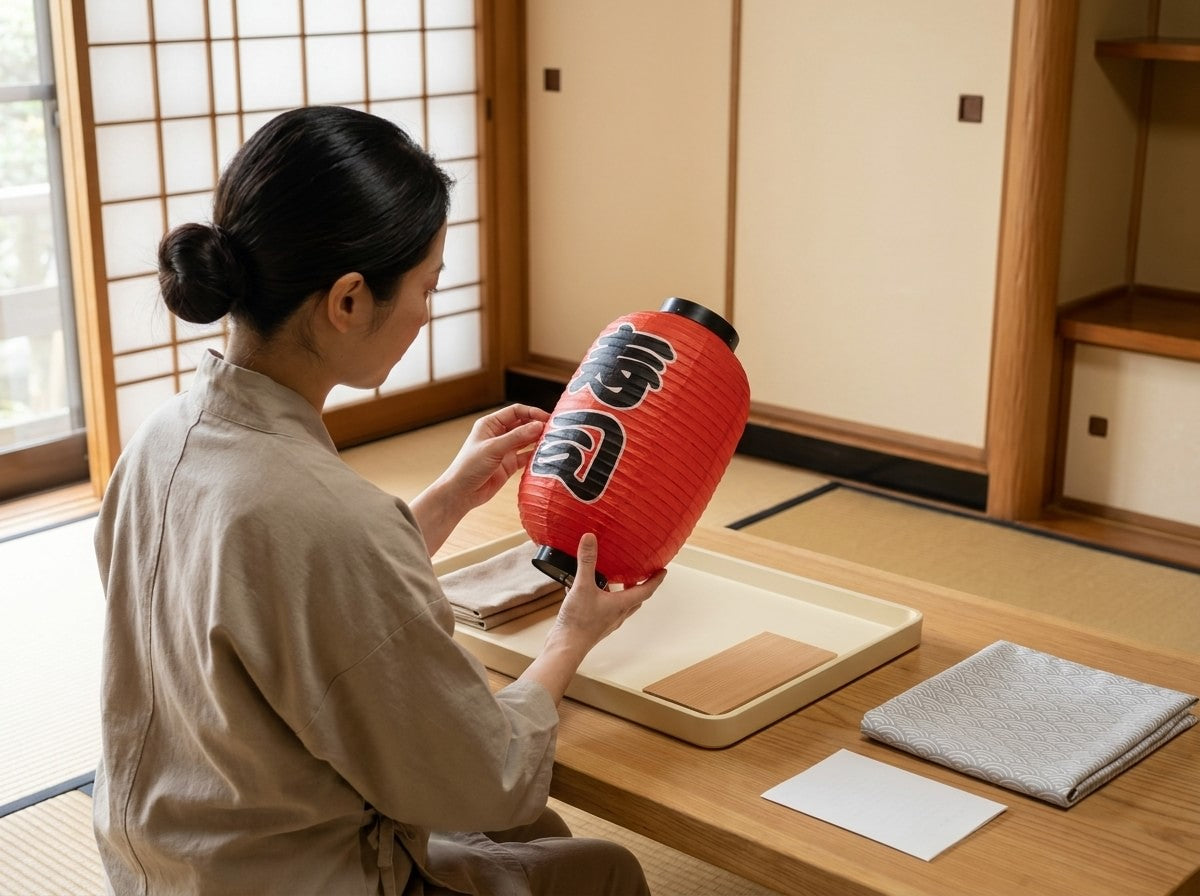 Artisan holding a red Japanese paper lantern with bold black kanji script above a tray with folded cloths, tatami room by sliding shoji doors