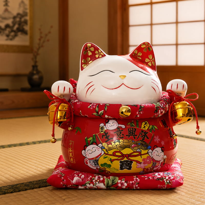 Red maneki neko big lucky cat figurine with gold bell charms and floral cushion base, displayed on a tatami mat with an ink landscape scroll and bronze vase in the softly lit background