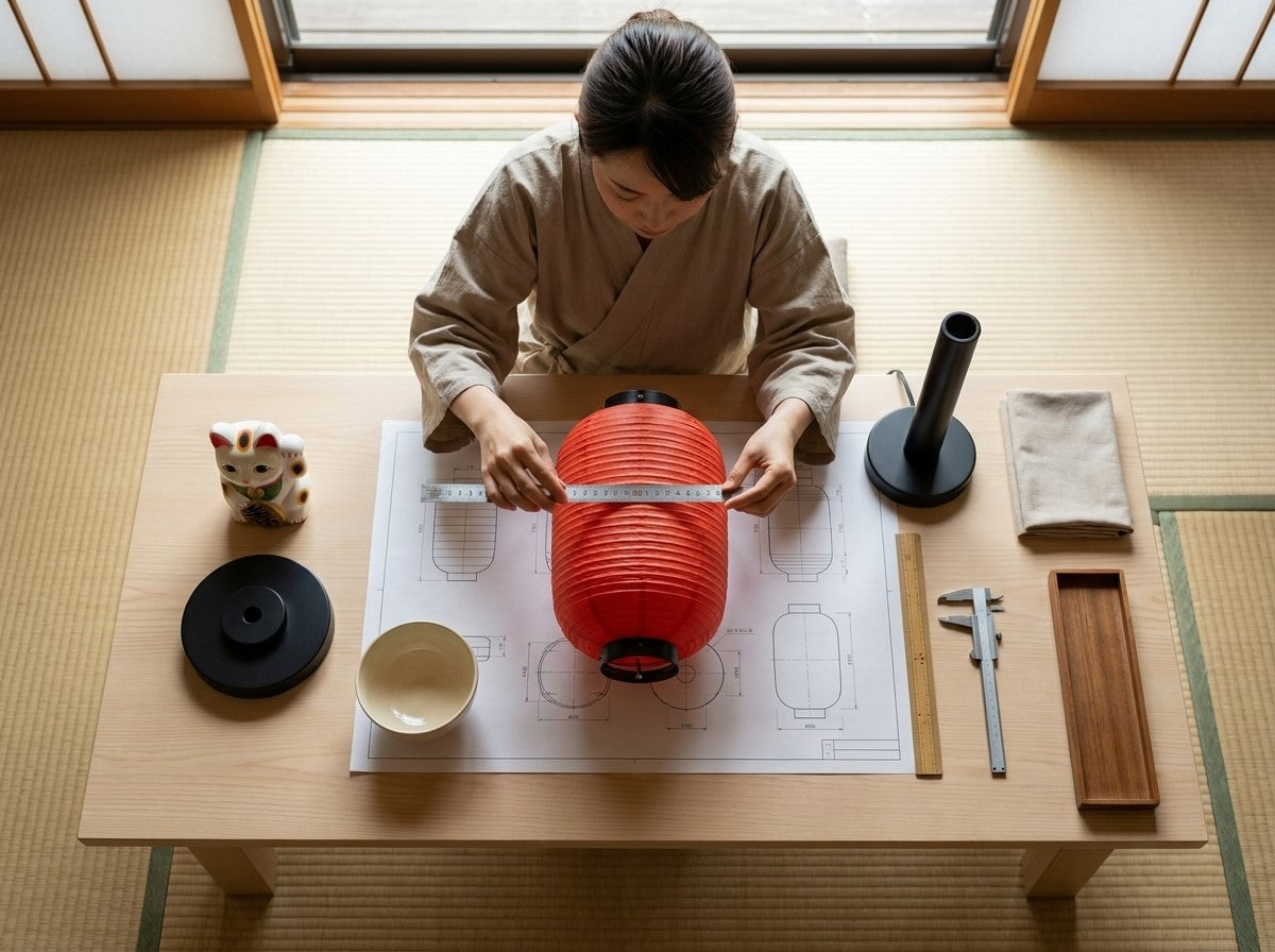 Overhead workshop shot measuring a red traditional Japanese lantern with pleated paper barrel shape on a scale blueprint, maneki neko figurine and calipers on the table