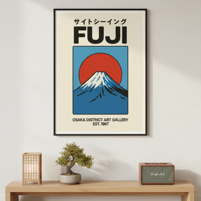 Vintage retro poster japanese featuring Mount Fuji with red sun and sightseeing text displayed above wooden console with bonsai tree and vintage radio