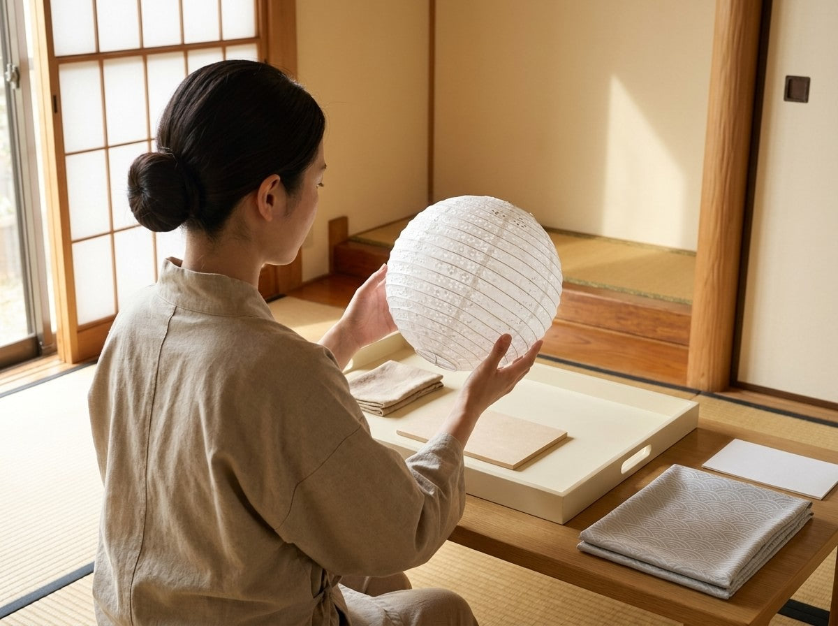 Artisan holding a round hanging Japanese paper lantern by its metal ring above a tray with folded cloths, sunlit tatami room by shoji doors