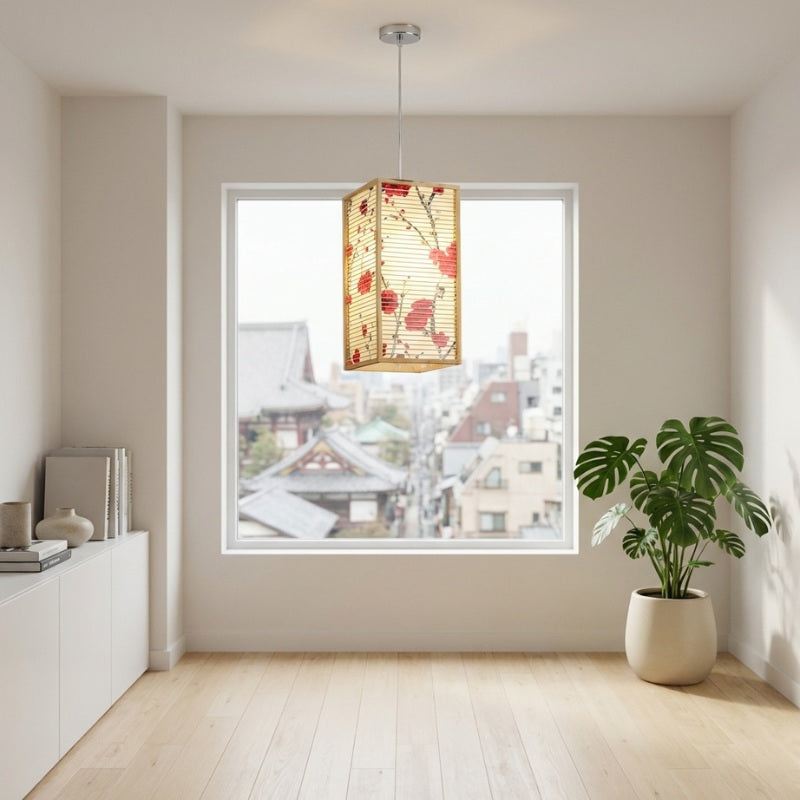 Beautiful sakura japanese pendant light with cherry blossom design in modern room with urban skyline view