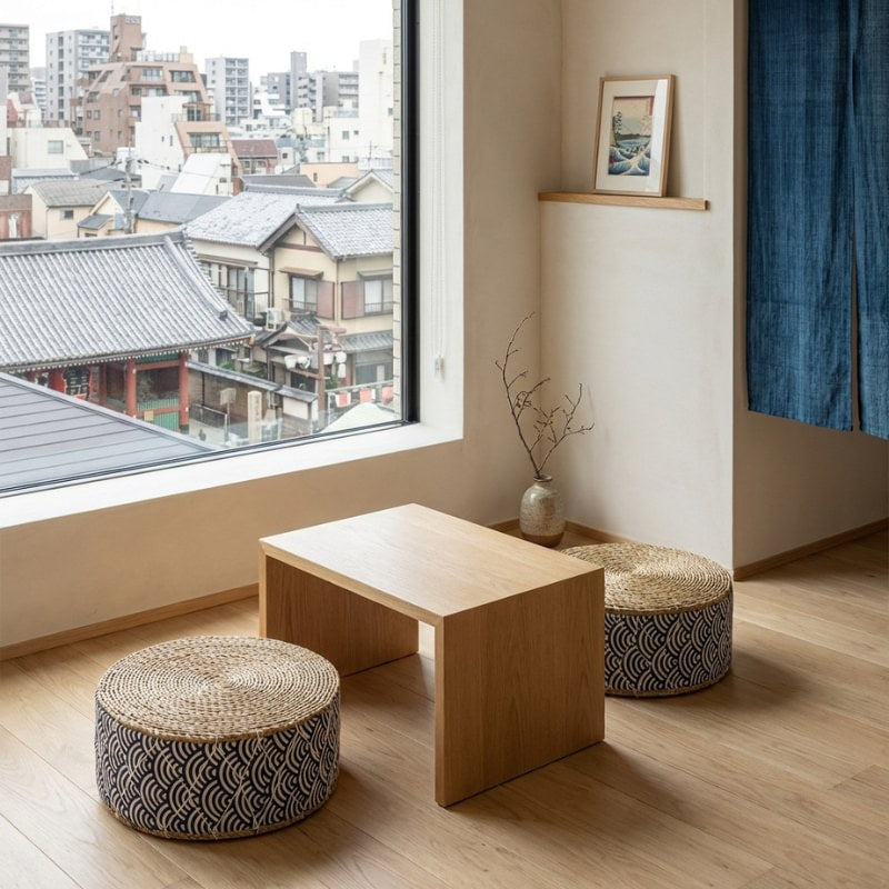 Seat japanese floor cushions with woven tops and wave patterns beside wooden table overlooking urban japanese rooftops