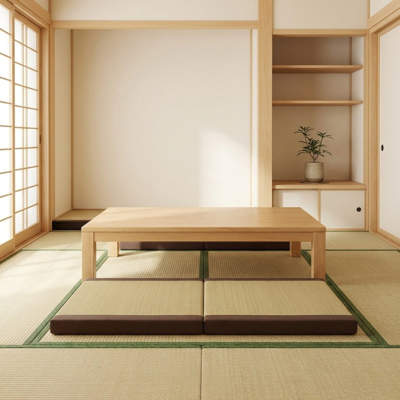 Seating cushion japanese pair with beige tatami weave under chabudai table on tatami floor with shoji screen tokonoma alcove