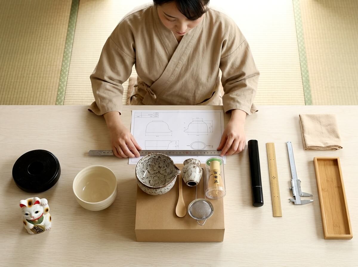 Overhead view of a speckled ceramic bowl and bamboo whisk from a set for matcha resting on its kraft box, measured against a blueprint with a maneki-neko figurine