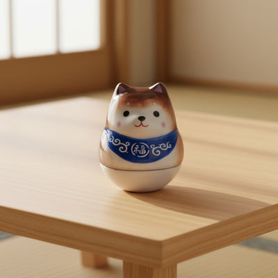 Warm shiba daruma with blue prosperity scarf on wooden table near shoji window in peaceful interior