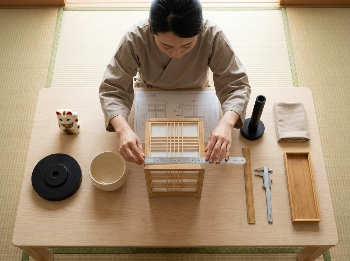 Overhead workshop shot measuring a traditional shoji lamp with crosshatched wooden lattice frame on a scale blueprint, maneki neko figurine and calipers on the table
