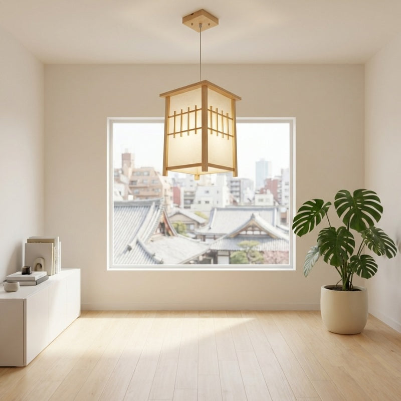 Illuminated shoji pendant lamp japanese design in minimalist living room with urban skyline and temple view