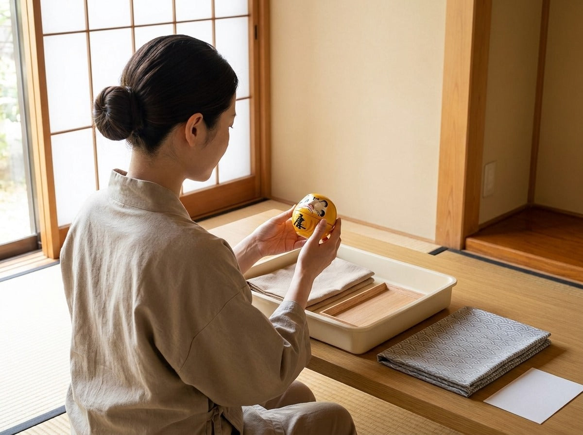 Woman in linen apron holding a small antique daruma doll in yellow with kanji inscriptions in a bright Japanese tatami room near shoji screen window