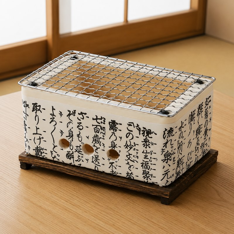 Small Japanese barbecue with white ceramic body covered in black kanji calligraphy and stainless steel mesh grill on a dark wood stand on a wooden surface near shoji screen