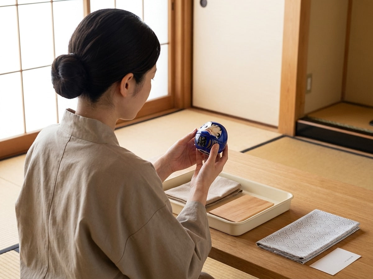 Woman in linen apron holding a small blue daruma doll with gold painted details in a bright Japanese tatami room near shoji screen window