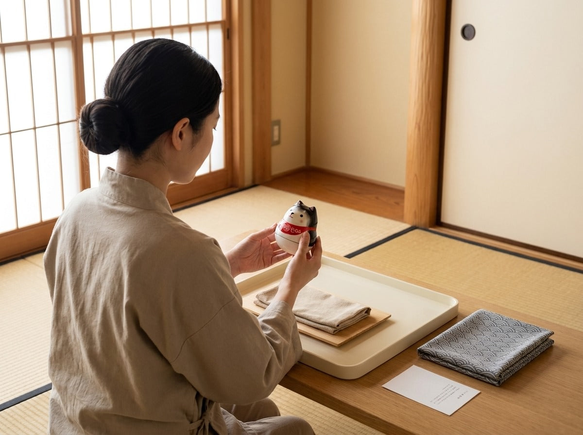 Woman in linen apron holding a small red daruma shiba inu doll with painted face in a bright Japanese tatami room near shoji screen window