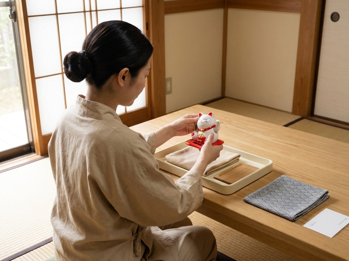 Artisan holding a small Japanese maneki neko figurine with red collar and raised paw on its red stand, tray with folded cloths on the tatami room table
