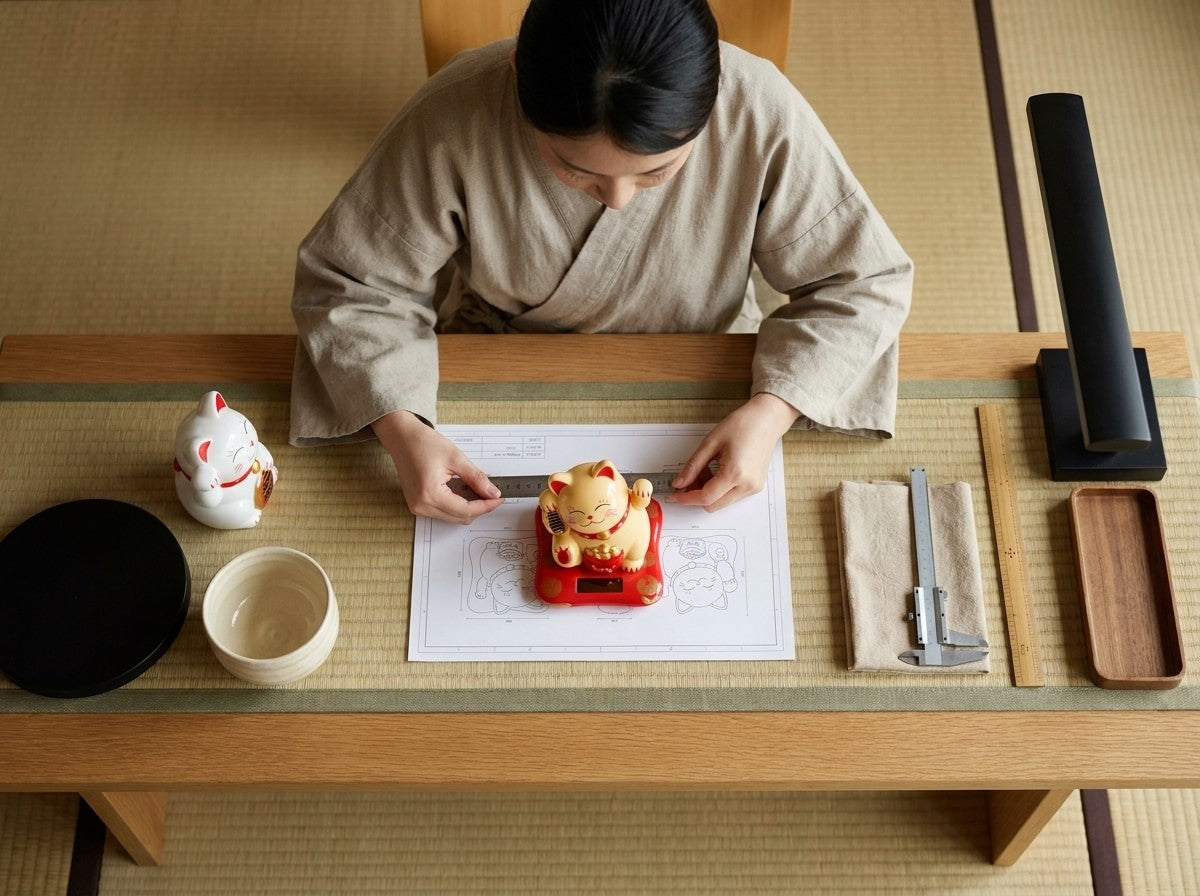 Overhead craftsmanship shot measuring a small golden maneki neko cat on its red solar-powered base against a scale blueprint, white maneki neko figurine and tools on the table