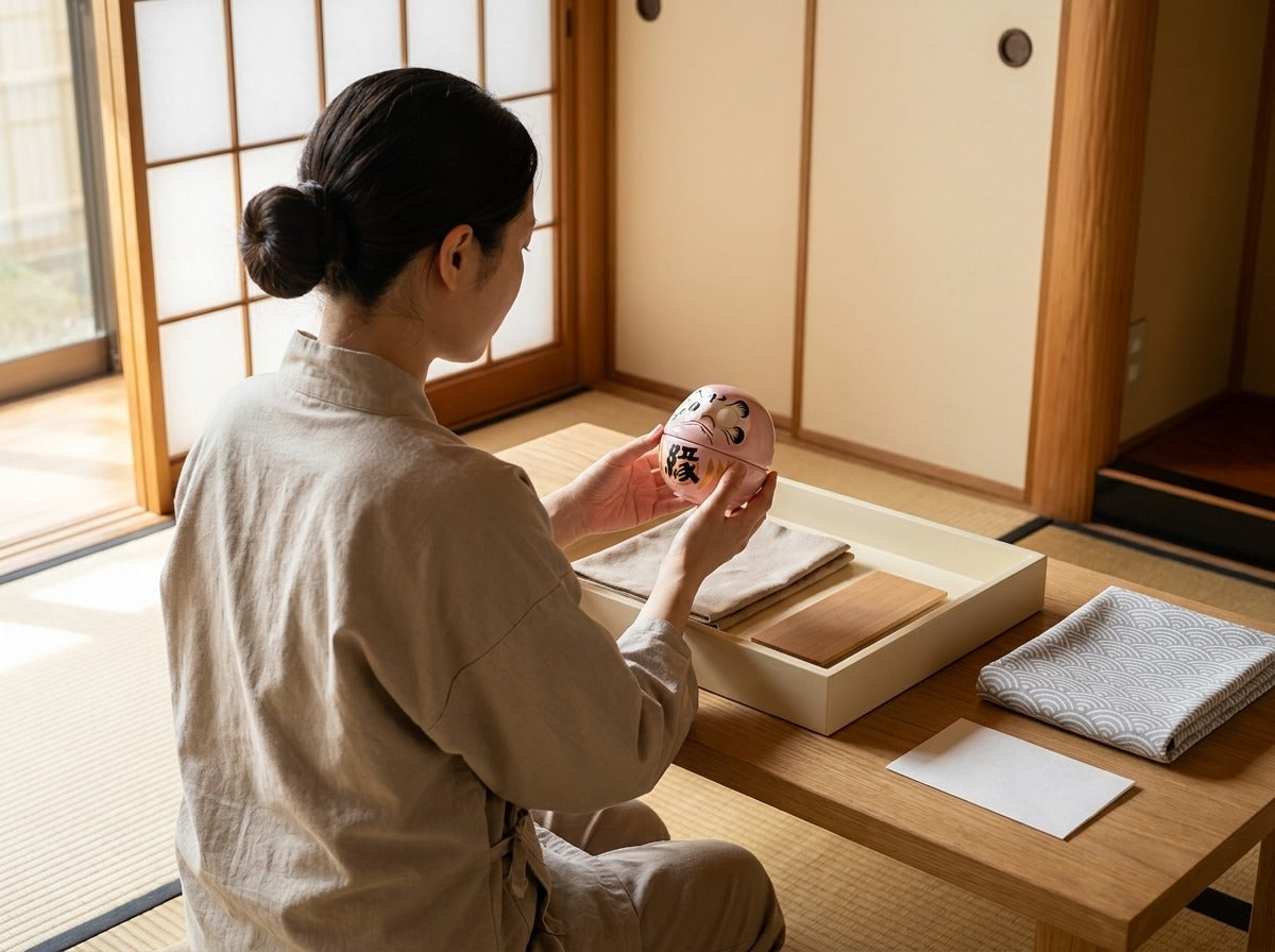 Woman in linen apron holding a small pink daruma doll with kanji characters in both hands in a bright Japanese tatami room near shoji screen