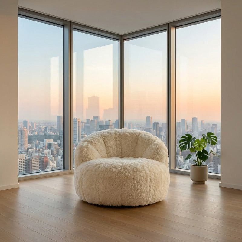 Sofa japanese low armchair with sherpa upholstery in modern apartment with corner panoramic city views at golden hour