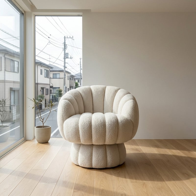 Sofa japanese style with cream bubble upholstery near window overlooking residential street on light wood flooring