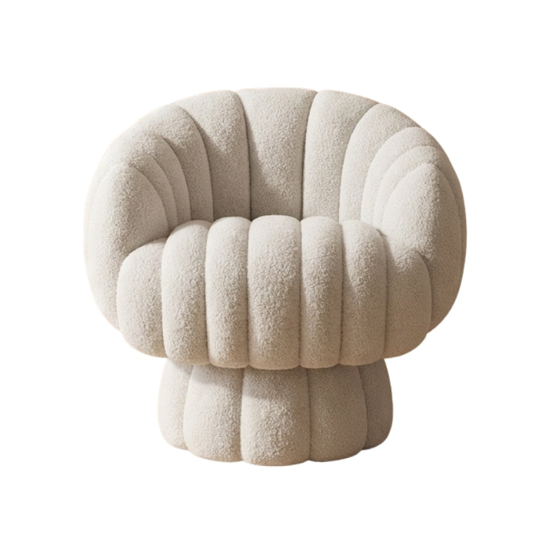 Sofa style japanese armchair with cream teddy fabric bubble design and pedestal base isolated on neutral background