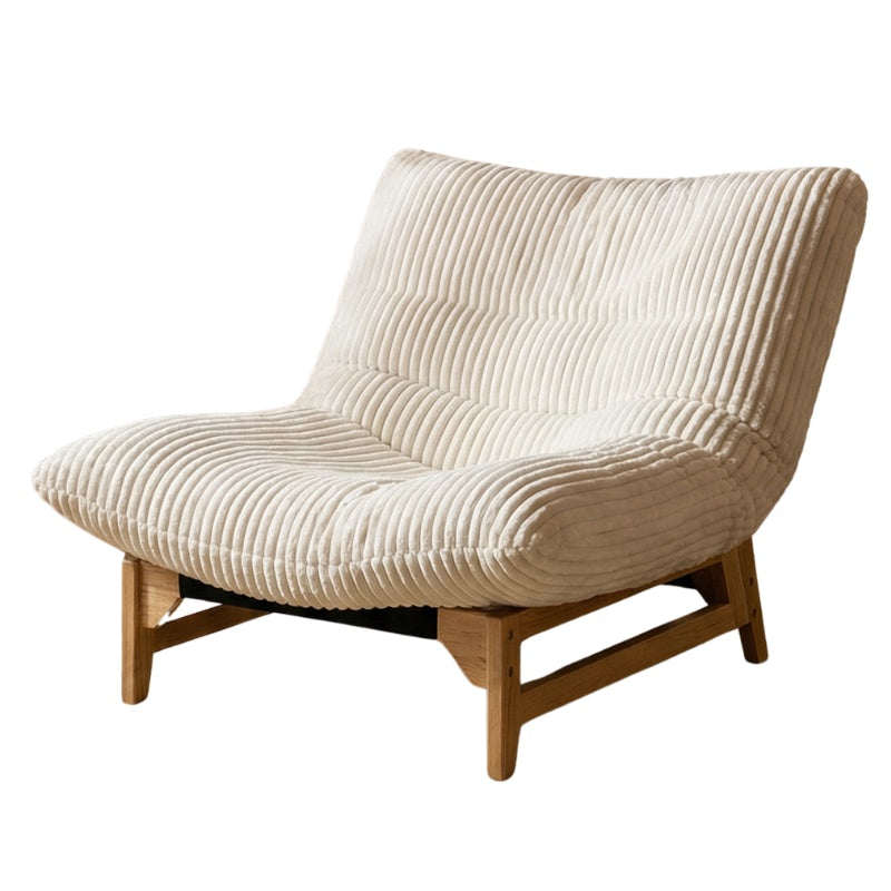 Sofa white japanese traditional with curved ribbed design and natural wood frame isolated on clean neutral background