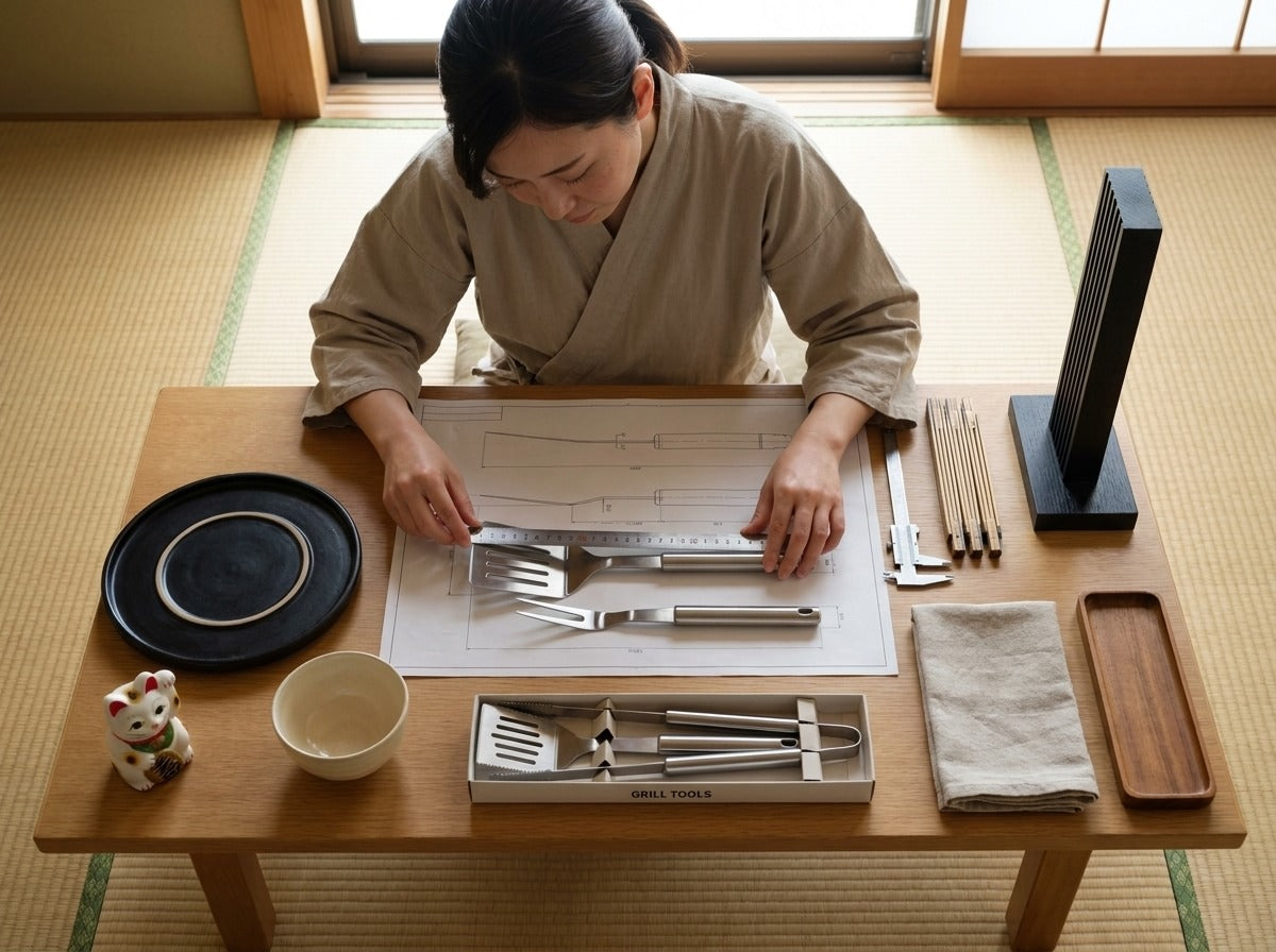 Overhead view of a woman in kimono measuring a steel bbq tool set with spatula tongs and fork against technical blueprints on a tatami room worktable with maneki-neko figurine