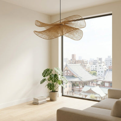 Stunning style japandi lamp with bamboo butterfly design in modern living room overlooking authentic japanese temple
