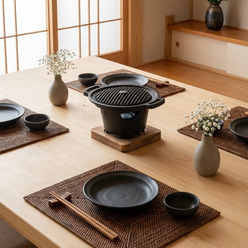 Style Japanese barbecue grill centerpiece on wooden dining table surrounded by black ceramic plates and woven placemats with chopsticks