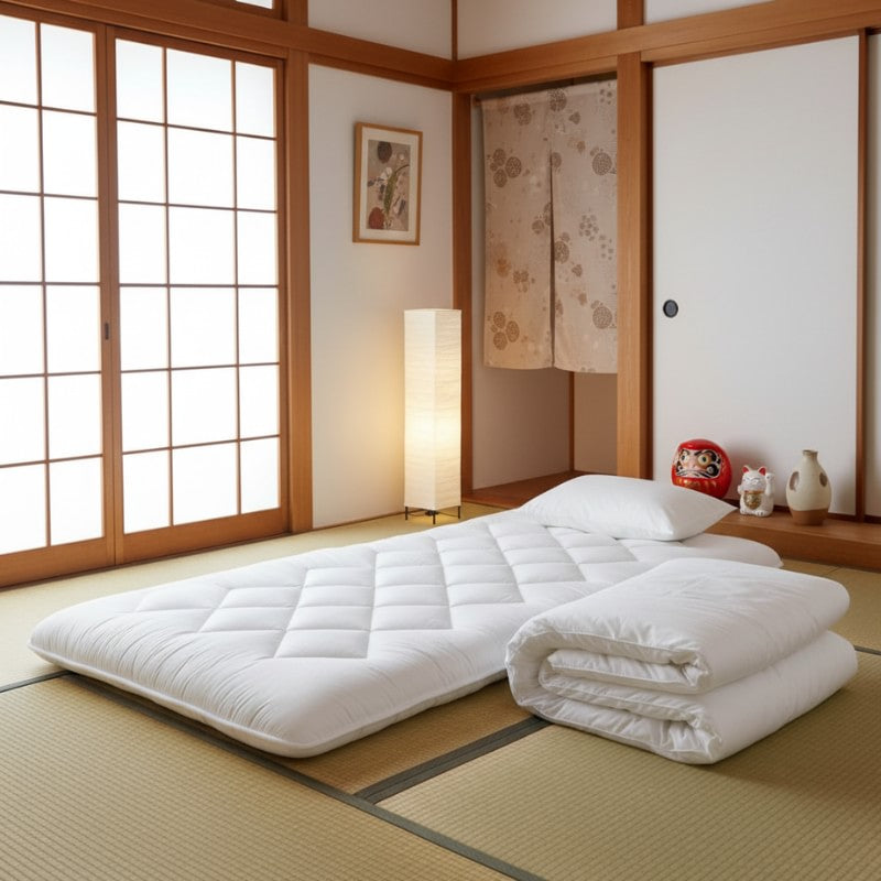 Style japanese futon with white quilted surface displayed in traditional tatami room with tokonoma alcove daruma doll and folded futons