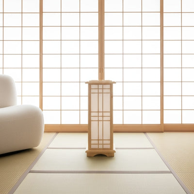 Authentic style japanese lamp with vertical shoji panels centered on tatami mat floor near traditional sliding doors in serene Japanese interior