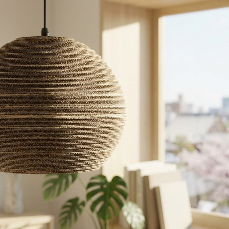 Style Japanese pendant light spherical cardboard detail in natural lighting near window with monstera leaves and urban view
