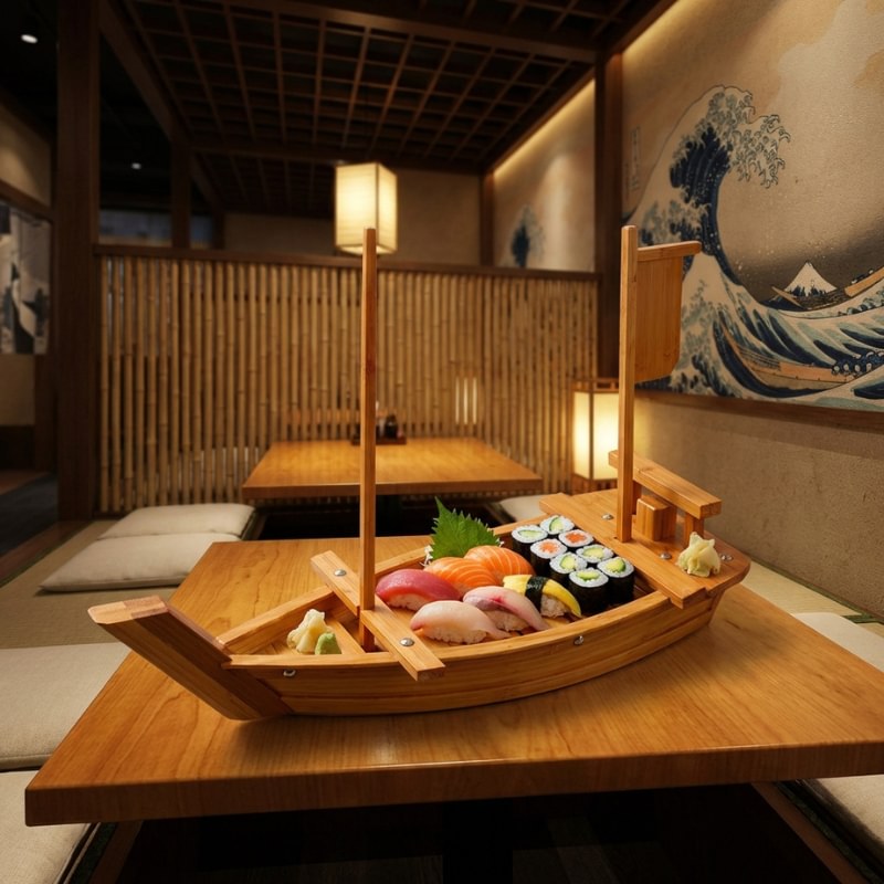 Sushi boat wood traditional bamboo design serving assorted nigiri maki and sashimi with mast in authentic zen restaurant