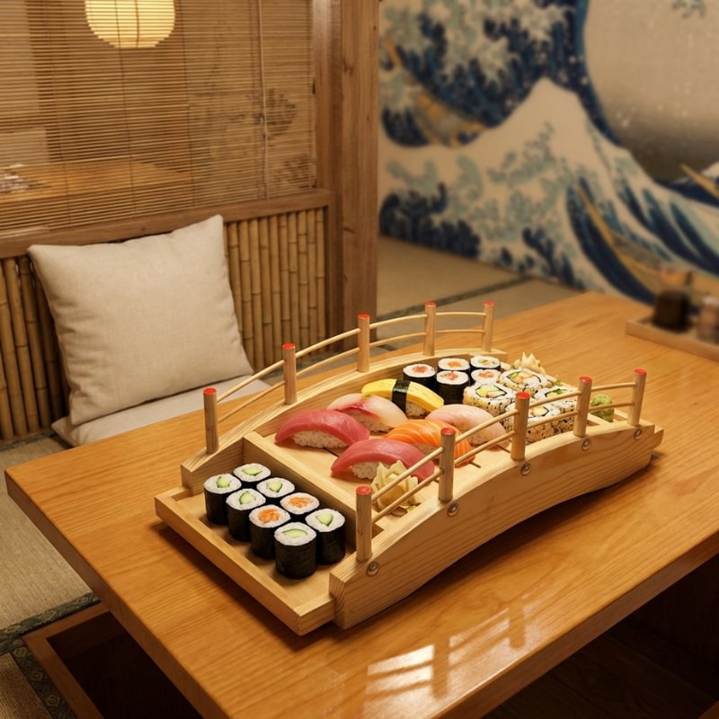 Sushi boat wooden bridge presentation displaying nigiri salmon tuna and maki rolls in zen restaurant with Great Wave artwork