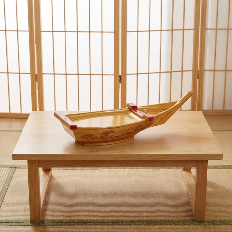 Sushi boat golden curved design with traditional wave decoration on low wooden table in Japanese tatami room