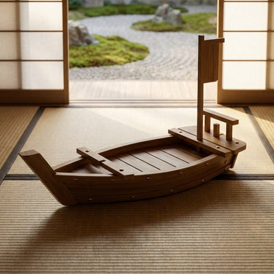 Sushi boats handcrafted wooden vessel with sail mast on tatami mat floor with zen garden view through open doors