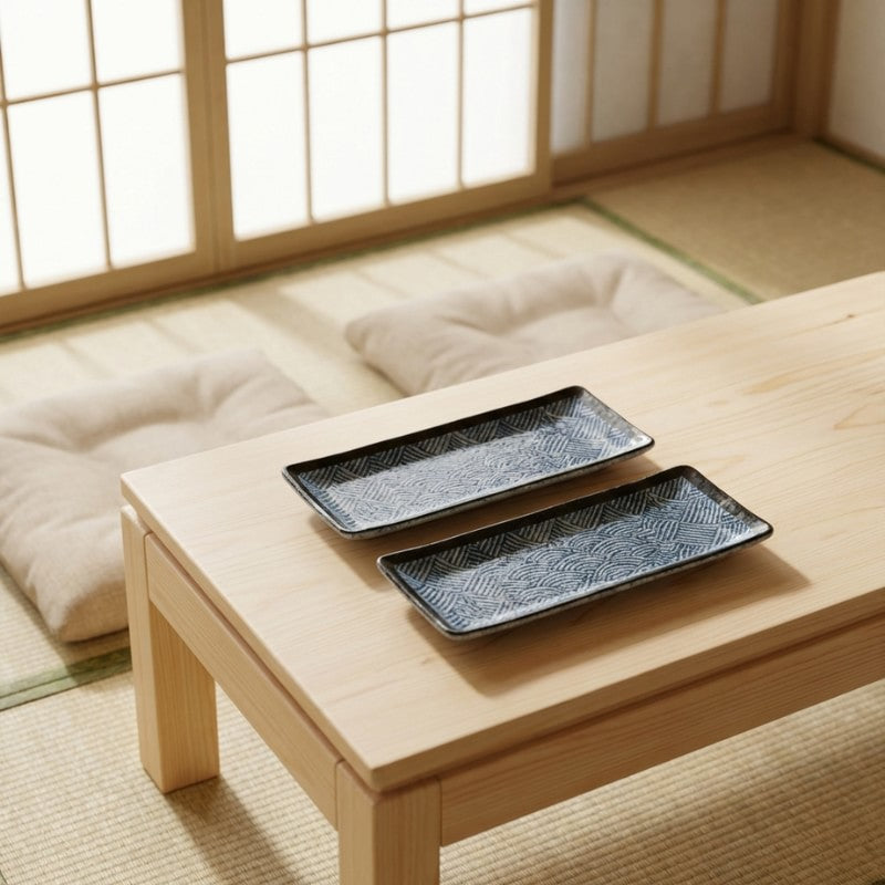Modern sushi fancy plate set with chevron herringbone patterns displayed on wooden chabudai in tatami room