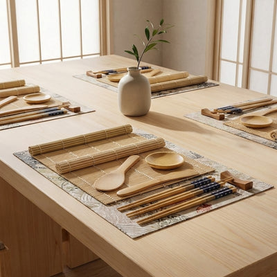 Multiple sushi kit for making sets organized on large wooden table with wave-patterned placemats