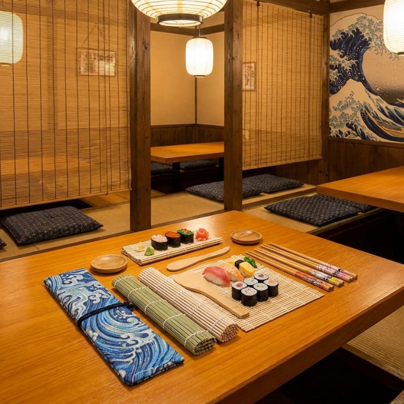 Premium sushi kit make with complete bamboo tools and wave-pattern fabric in authentic Japanese restaurant interior